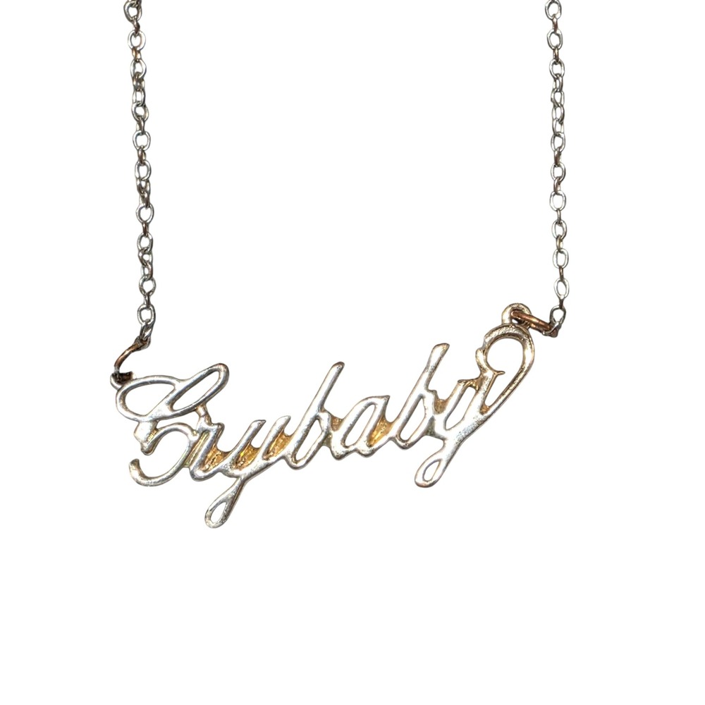 Crybaby Necklace‎ Silver Tone Word Pendant Chain Tarnished